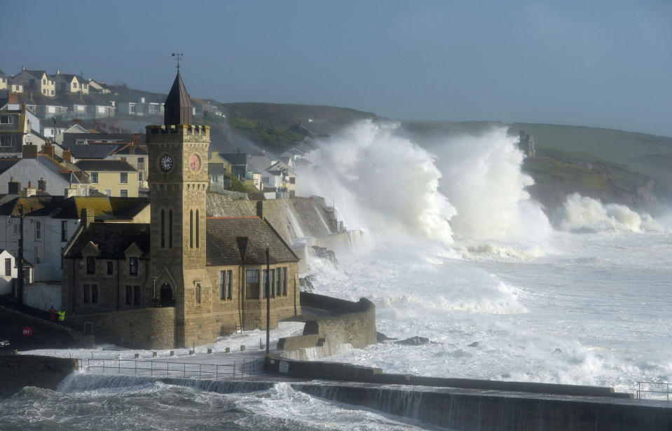 <p>Waves break around the church in the harbour at Porthleven, Cornwall southwestern England, as the remnants of Hurricane Ophelia begins to hit parts of Britain and Ireland on Oct. 16, 2017. Ireland’s meteorological service is predicting wind gusts of 120 kph to 150 kph (75 mph to 93 mph), sparking fears of travel chaos. (Photo: Ben Birchall/PA via AP) </p>