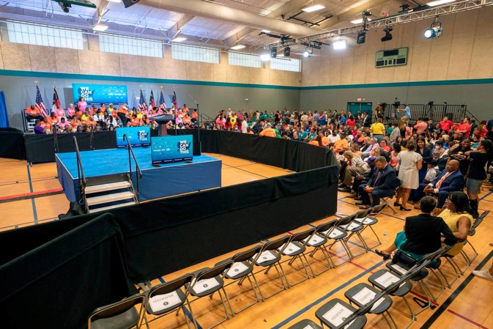 Hundreds await the arrival of President Joe Biden in the gymnasium at Green Road Community Center on Thursday, June 24, 2021 in Raleigh, N.C. Biden is making a stop in Wake County to promote COVID-19 vaccinations.