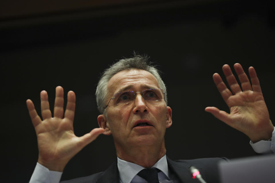 NATO Secretary-General Jens Stoltenberg addresses European Parliament Foreign Affairs committee members at the European Parliament in Brussels, Tuesday, Jan. 21, 2020. Stoltenberg told lawmakers that NATO needs to beef up its military training operation in Iraq once the government in Baghdad requests that it resume work. (AP Photo/Francisco Seco)