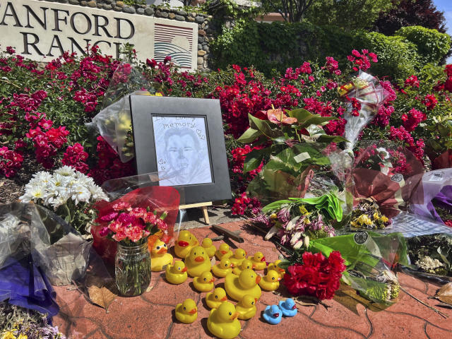 A memorial near the Stanford Ranch Plaza in Rocklin, Calif., on Tuesday, May 23, 2023, that honors Casey Rivara, a man who died after being struck by a car last Thursday while helping a mama duck and her ducklings cross the street. (AP Photo/Sophie Austin)