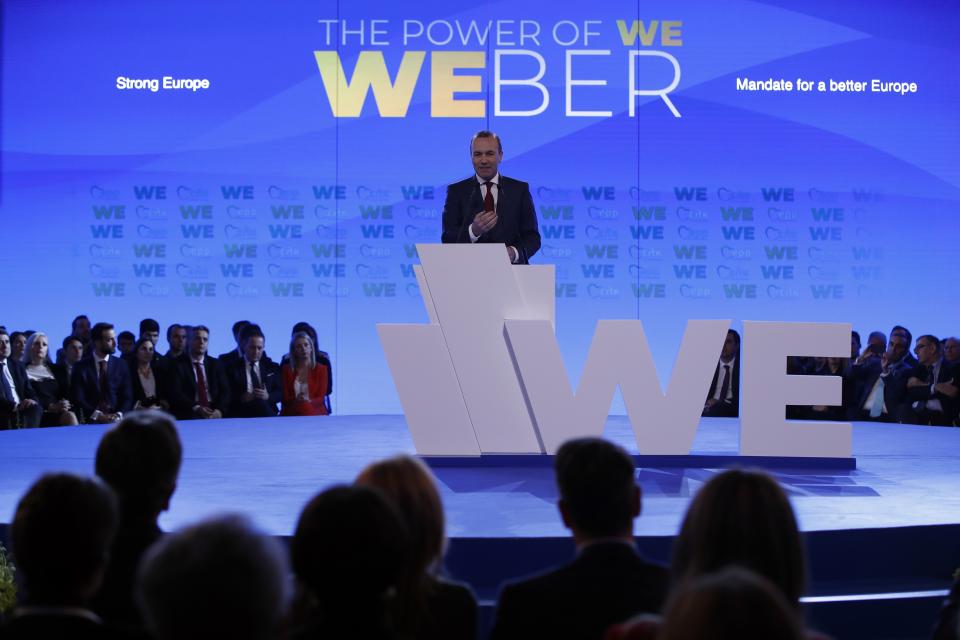 European People's Party candidate Manfred Weber delivers a speech at Zappeio Congress Hall in Athens on Tuesday, April 23, 2019. Weber is in Greece for the official launch of his campaign for the May 23-26 European Parliament elections. (AP Photo/Thanassis Stavrakis)