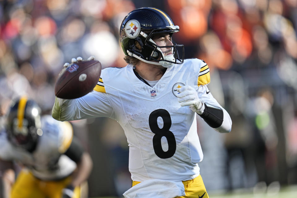 Pittsburgh Steelers quarterback Kenny Pickett (8) throws during the second half of an NFL football game against the Cleveland Browns, Sunday, Nov. 19, 2023, in Cleveland. (AP Photo/Sue Ogrocki)