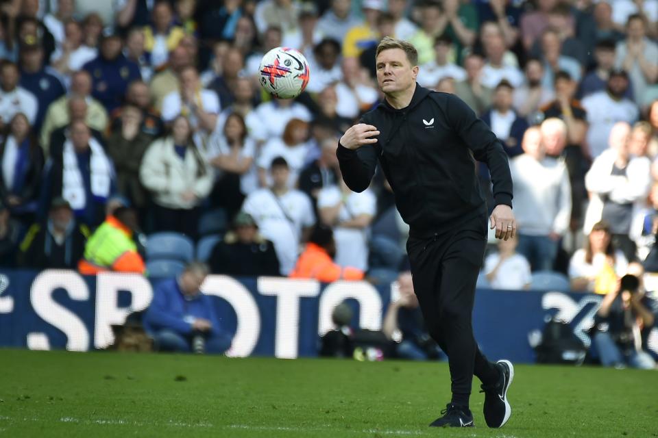 Newcastle&#39;s head coach Eddie Howe throws the ball as he leaves the field at the end of the English Premier League soccer match between Leeds United and Newcastle United at Elland Road in Leeds, England, Saturday, May 13, 2023. The match ended tied 2-2.