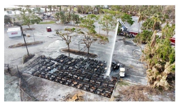 Every golf cart at The Dunes Golf & Tennis Club, with the exception of one (far right) has caught on fire in the past two months. The first fire was on Oct. 16. The most recent occurred on Nov. 18, 2022. Golf course officials say the cause is likely a chemical reaction between salt water residue from flooding caused by Hurricane Ian and the cart's lithium batteries.