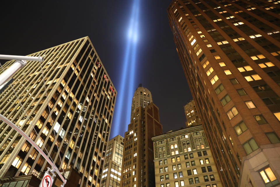 <p>The Tribute in Light rises above the New York skyline on Water Street on Sept. 11, 2017. (Gordon Donovan/Yahoo News) </p>