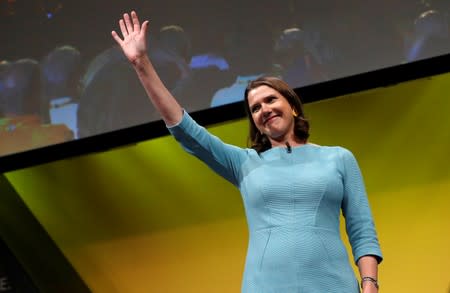 Leader of Britain's Liberal Democrats Jo Swinson waves after she delivered her speech at the yearly party conference in Bournemouth