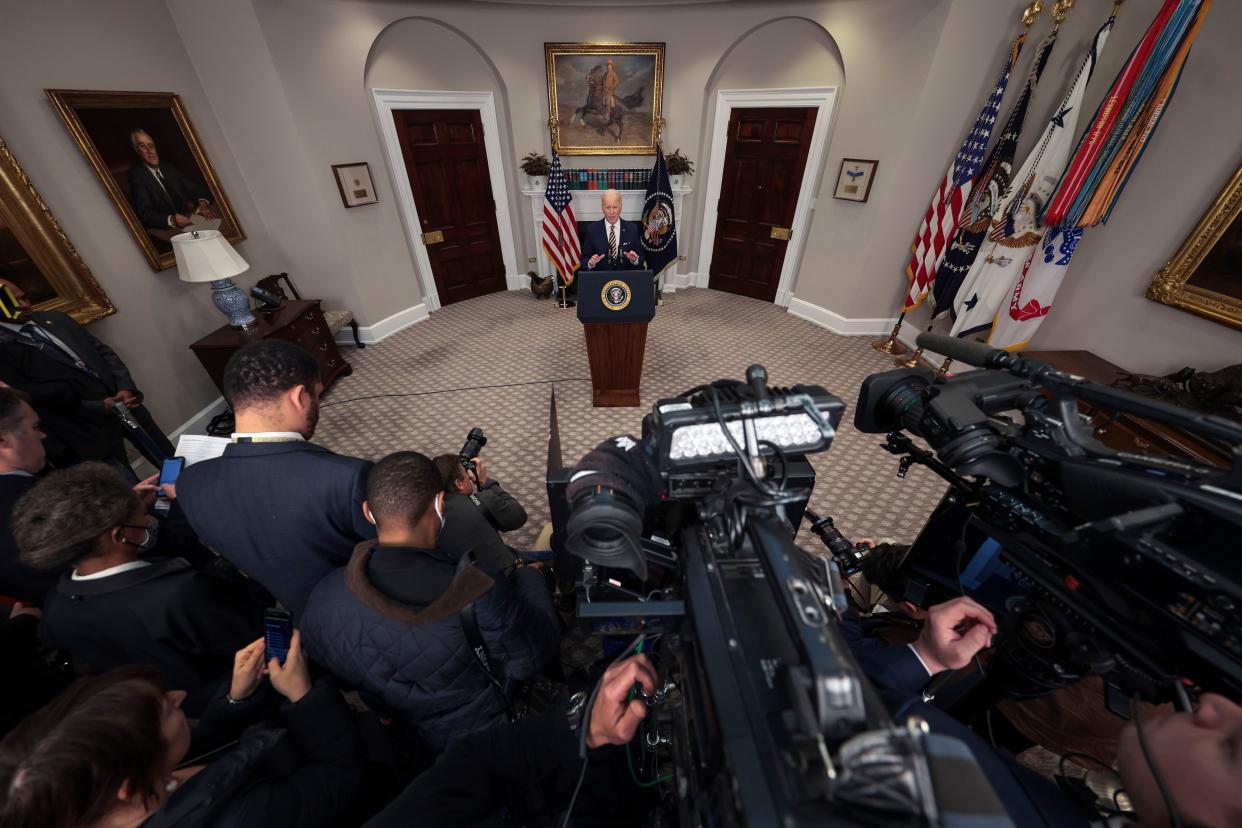 U.S. President Joe Biden speaks in the Roosevelt Room of the White House March 8, 2022, in Washington, DC.