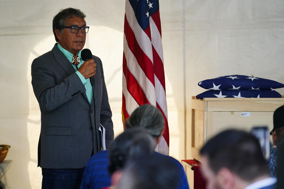 Rosebud Sioux tribal President Rodney Bordeaux speaks during a ceremony at the U.S. Army's Carlisle Barracks, in Carlisle, Pa., Wednesday, July 14, 2021. The disinterred remains of nine Native American children who died more than a century ago while attending a government-run school in Pennsylvania were headed home to Rosebud Sioux tribal lands in South Dakota on Wednesday after a ceremony returning them to relatives. (AP Photo/Matt Rourke)
