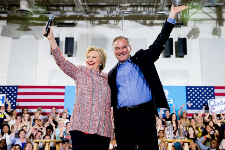 Hillary Clinton and Sen. Tim Kaine of Virginia at campaign rally in Annandale, Va., on July 14, 2016. (Photo: Saul Loeb/AFP/Getty Images)