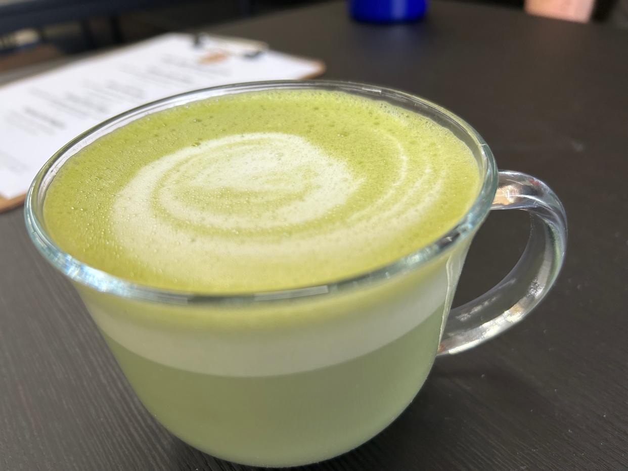 The matcha latte with oat milk from Wampum Coffee Co.