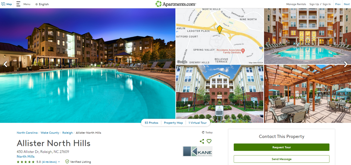 A listing for Raleigh’s Allister North Hills on Apartments.com from April 25, 2024.