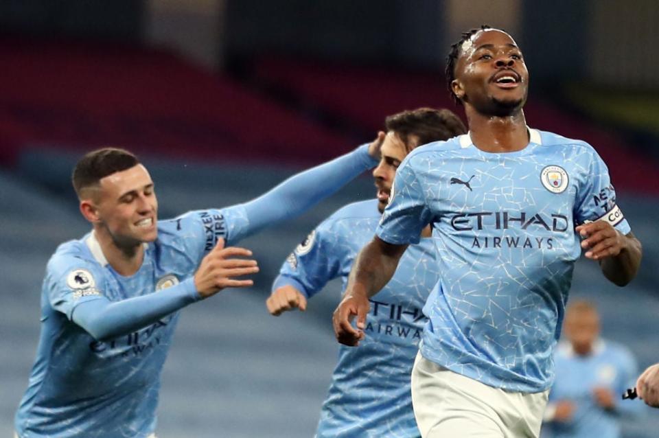 Raheem Sterling scores for Man City (POOL/AFP via Getty Images)