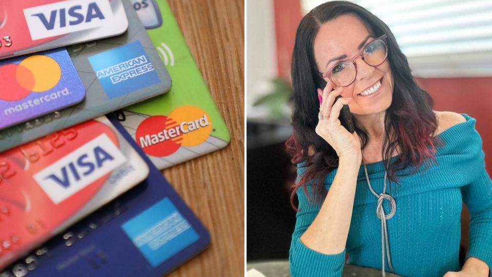 Compilation image of a pile of credit cards and Nicole on the phone