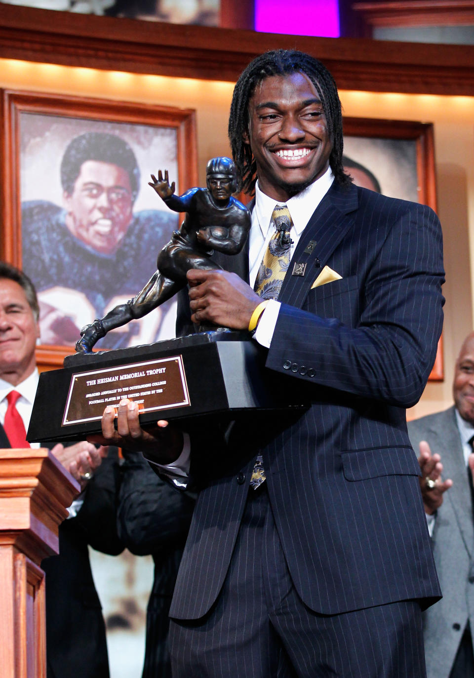 NEW YORK, NY - DECEMBER 10: (EDITORIAL USE ONLY THROUGH DECEMBER 15, 2011, NO ARCHIVE, NO SALES) In this handout provided by the Heisman Trophy Trust. Robert Griffin III of the Baylor Bears poses with the trophy after being named the 77th Heisman Memorial Trophy Award winner at the Best Buy Theater on December 10, 2011 in New York City. (Photo by Kelly Kline/Heisman Trophy Trust via Getty Images)