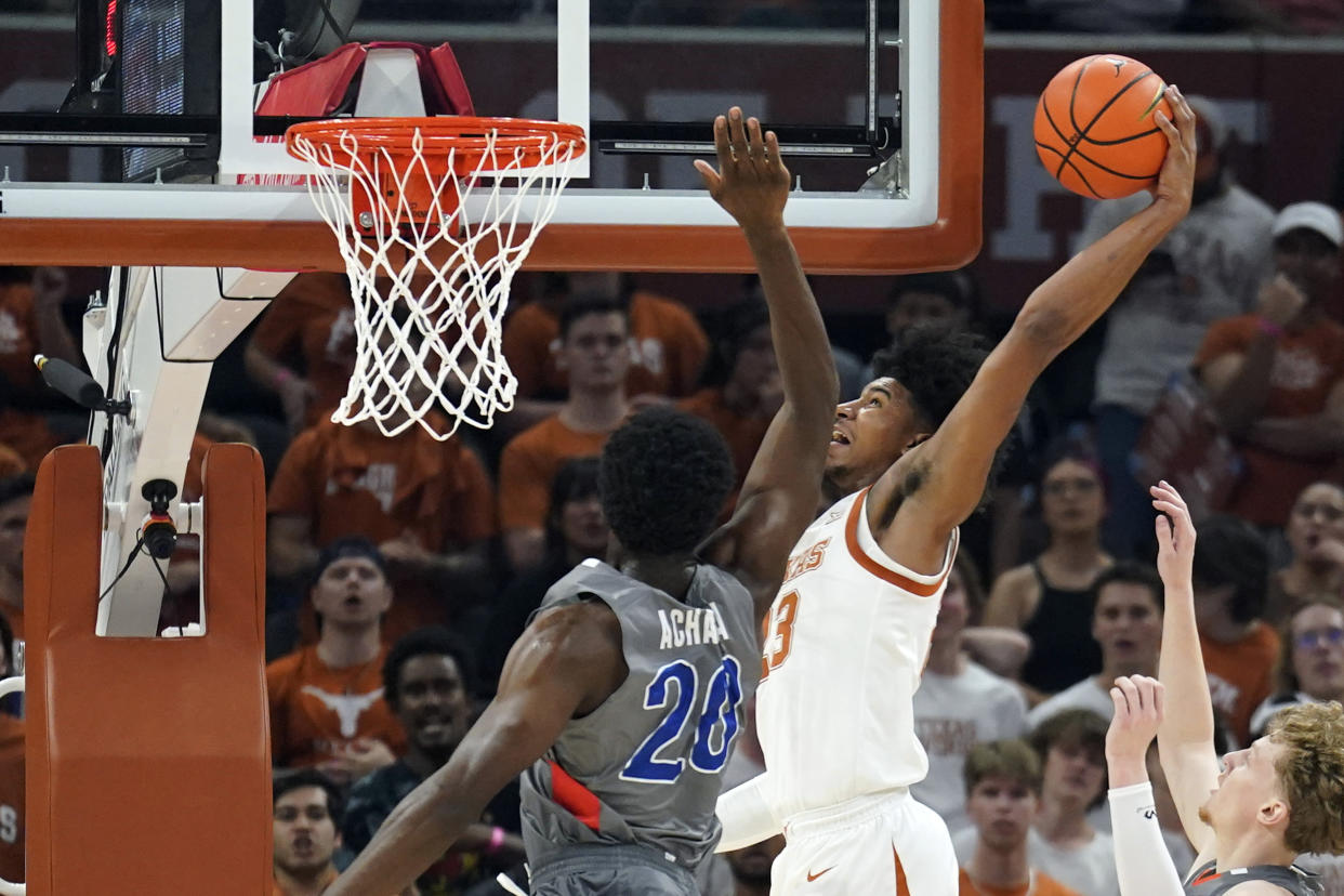 Texas forward Dillon Mitchell dunks during against Houston Christian at Moody Center in Austin, Texas, on Nov. 10, 2022. (Scott Wachter/USA TODAY Sports)