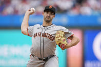 San Francisco Giants' Mason Black pitches during the first inning of a baseball game against the Philadelphia Phillies, Monday, May 6, 2024, in Philadelphia. (AP Photo/Matt Rourke)