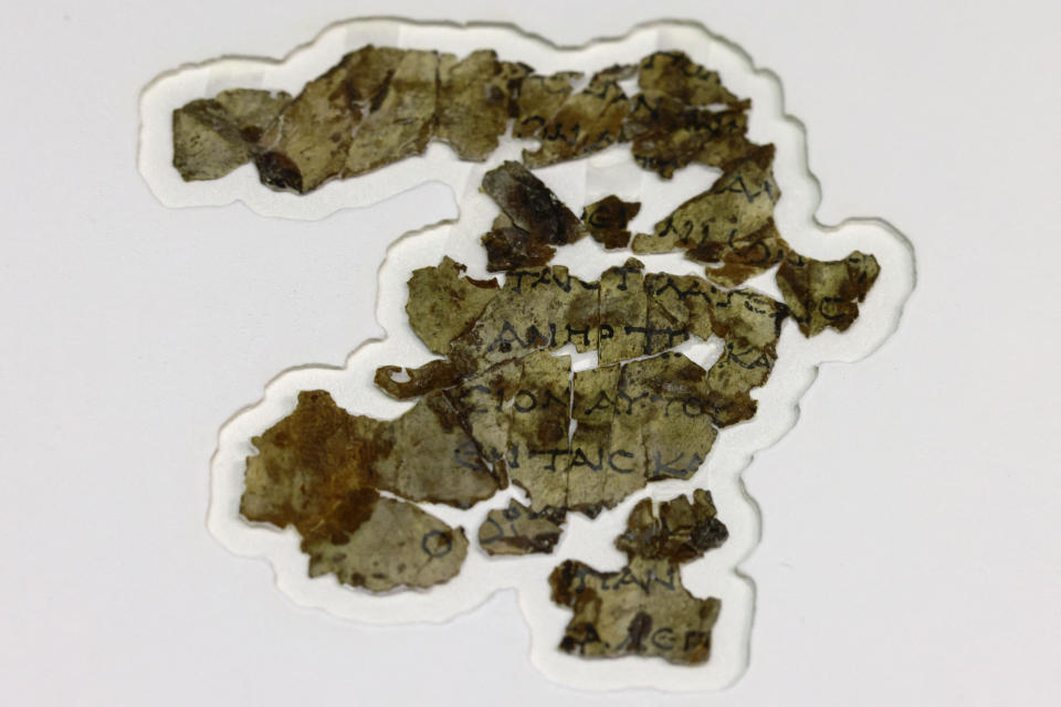 Recently-discovered biblical scroll fragments from the Bar Kochba period are displayed at the Israel Antiquities Authority's Dead Sea conservation lab in Jerusalem. (Photo: MENAHEM KAHANA via Getty Images)