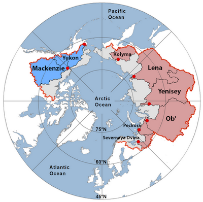 A map shows the major rivers and their basins, mainly in Russia, Alaska and Canada.