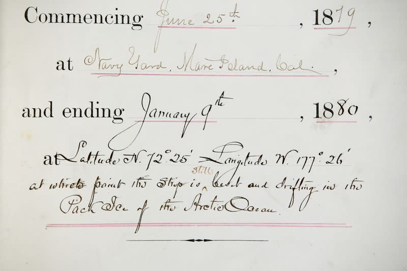 A detail in Volume 1 of the USS Jeannette logbooks is pictured at the National Archives building in Washington