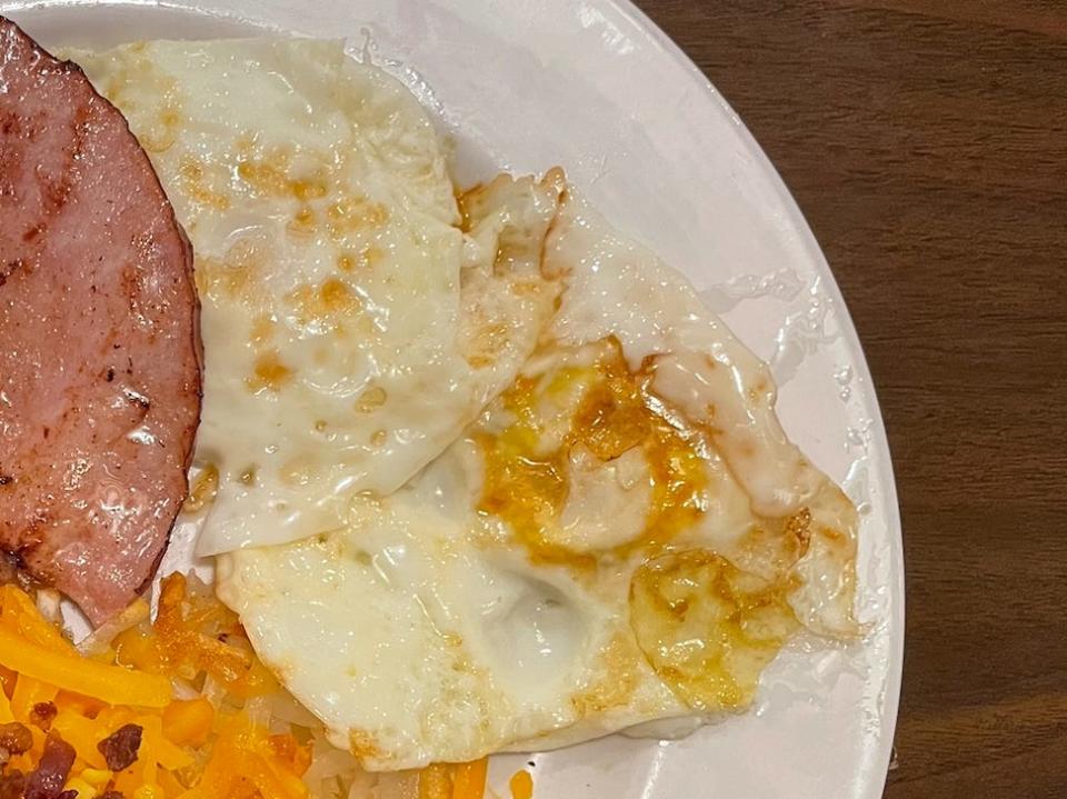 plate of ham, hash brown casserole, and eggs from bob evans