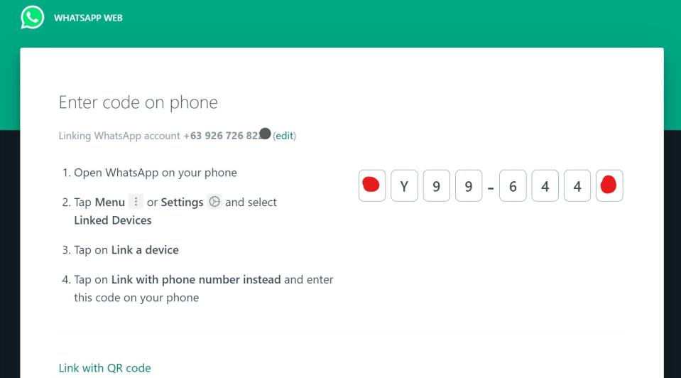 WhatsApp screen on the web for the one-time code when linking a new device