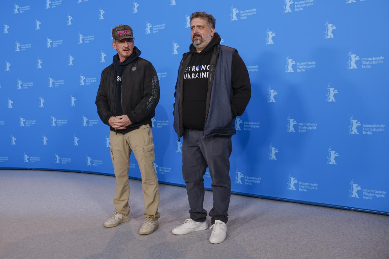 Director Sean Penn, left, and producer Aaron Kaufman pose for photographers at the photo call for the film 'Superpower' during the International Film Festival 'Berlinale', in Berlin, Germany, Saturday, Feb. 18, 2023. (Photo by Joel C Ryan/Invision/AP)