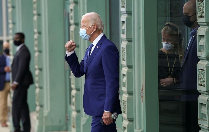 Joe Biden pumps his fist to supporters in Wilmington, Delaware