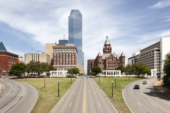 The Bank of America building in Dallas, Texas, towers over Dealey Plaza.