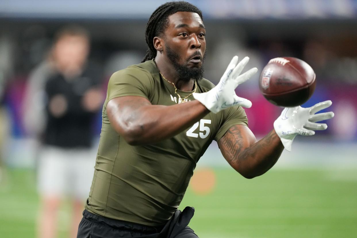 Lonnie Phelps participates in drills during the NFL Combine, March 2, 2023, in Indianapolis.