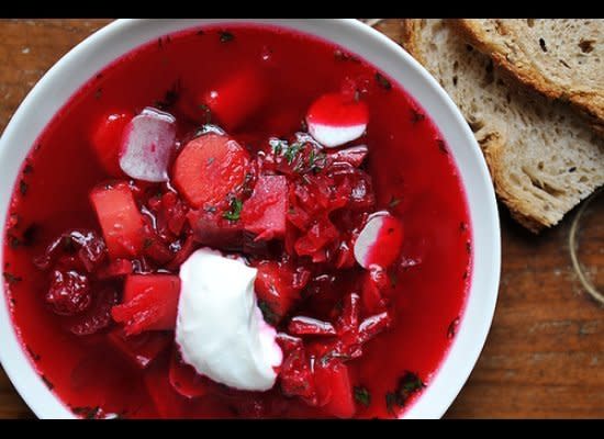 <a href="http://food52.com/recipes/3327-dr-zhivago-borscht">Get the recipe on Food52.</a>   <br>  We've never tasted borscht this pure and clean. The broth is supremely light, and the carrots, potatoes and celery bob amongst the ruby shards of beet, so that each mouthful is substantial yet straightforward.   <br>  <em>Photo by Sarah Shatz</em>