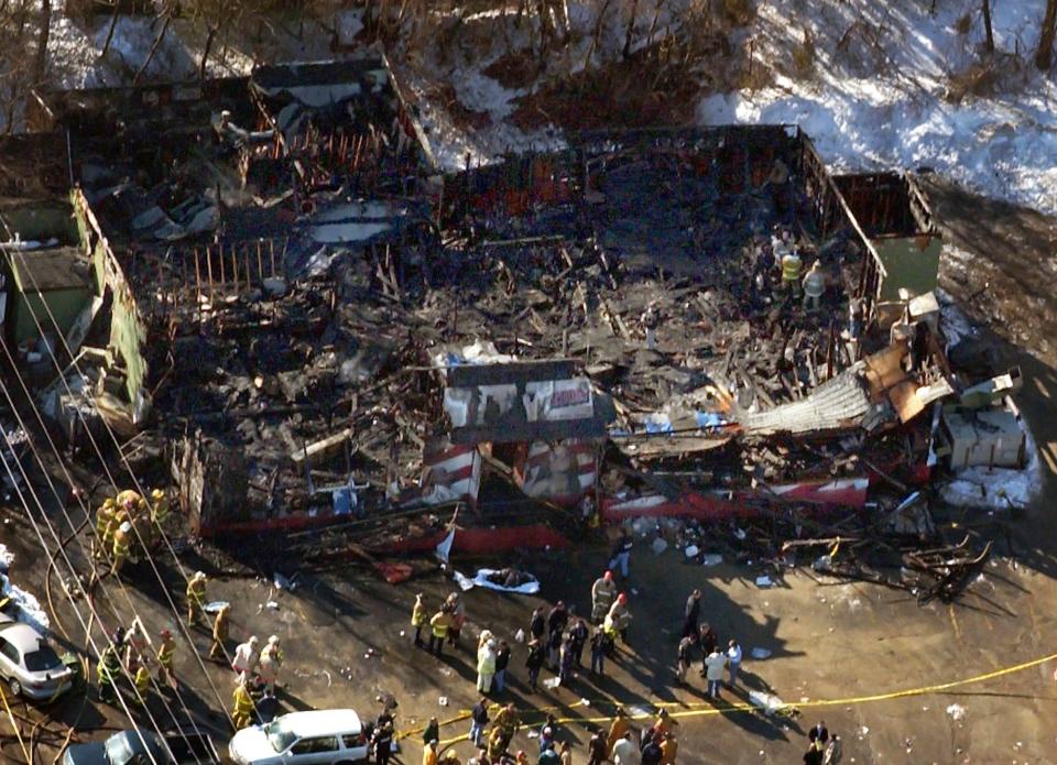 In this Feb. 20, 2003, aerial file photo, ruins of The Station nightclub, where over 100 people died in a late night fire, are visible in West Warwick, R.I.
