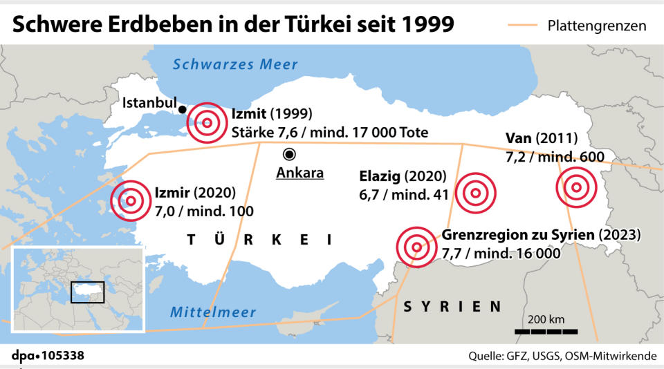 Folgenschwerste Erdbeben in der Türkei seit 1999, Grafik: J. Reschke, Redaktion: D. Loesche