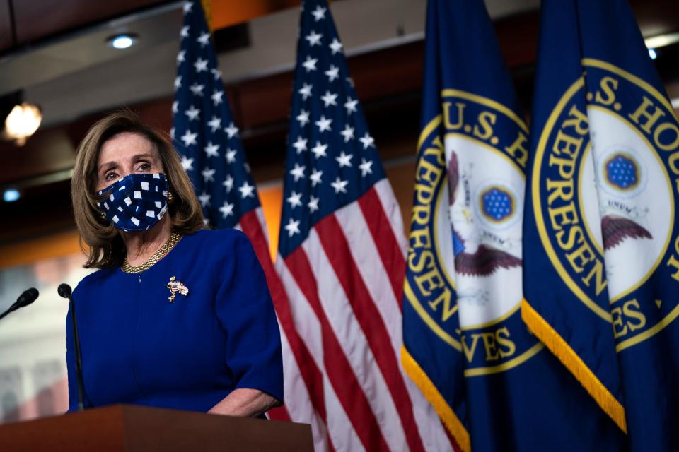 House Speaker Nancy Pelosi, D-Calif., speaks Nov. 20, 2020, during her weekly news conference on Capitol Hill in Washington, DC. She met Friday afternoon with President-elect Joe Biden and Vice President-elect Kamala Harris.