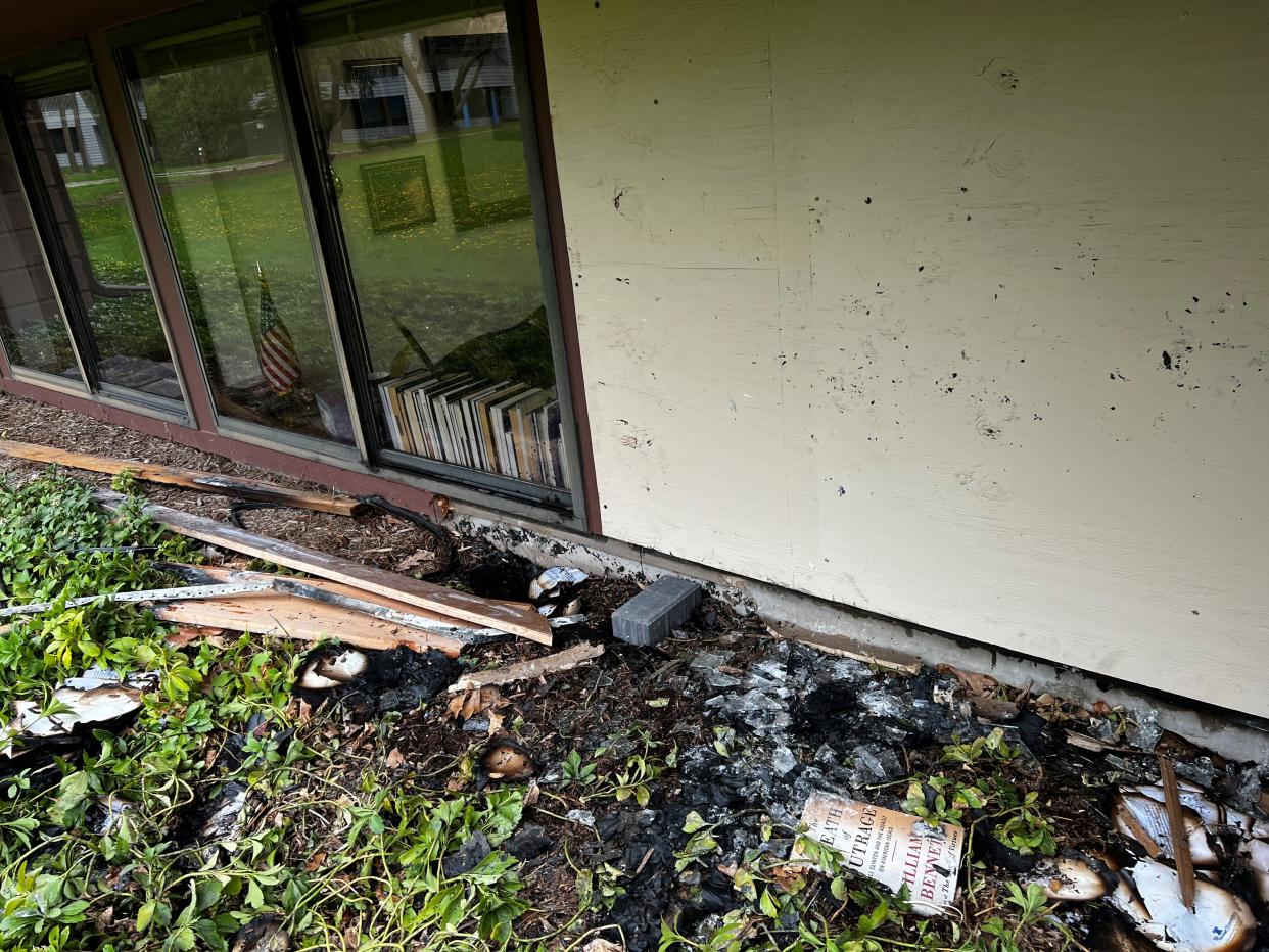 A window to Wisconsin Family Action director Julaine Appling's office is boarded up Sunday morning.