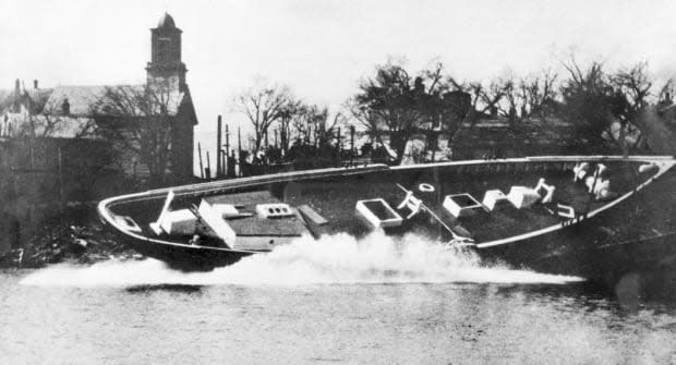 The L.A. Dunton is launched at the A.D. Story shipyard in Essex, Mass., in 1921.