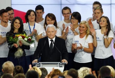 The leader of Poland's main opposition party Law and Justice (PiS) Jaroslaw Kaczynski addresses as his daughter Marta (L) looks on after the exit poll results are announced in Warsaw, Poland October 25, 2015. REUTERS/Pawel Kopczynski