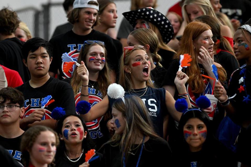 Manatee High football fans cheer for their team against Sarasota at Manatee High Friday, Sept. 1, 2023.