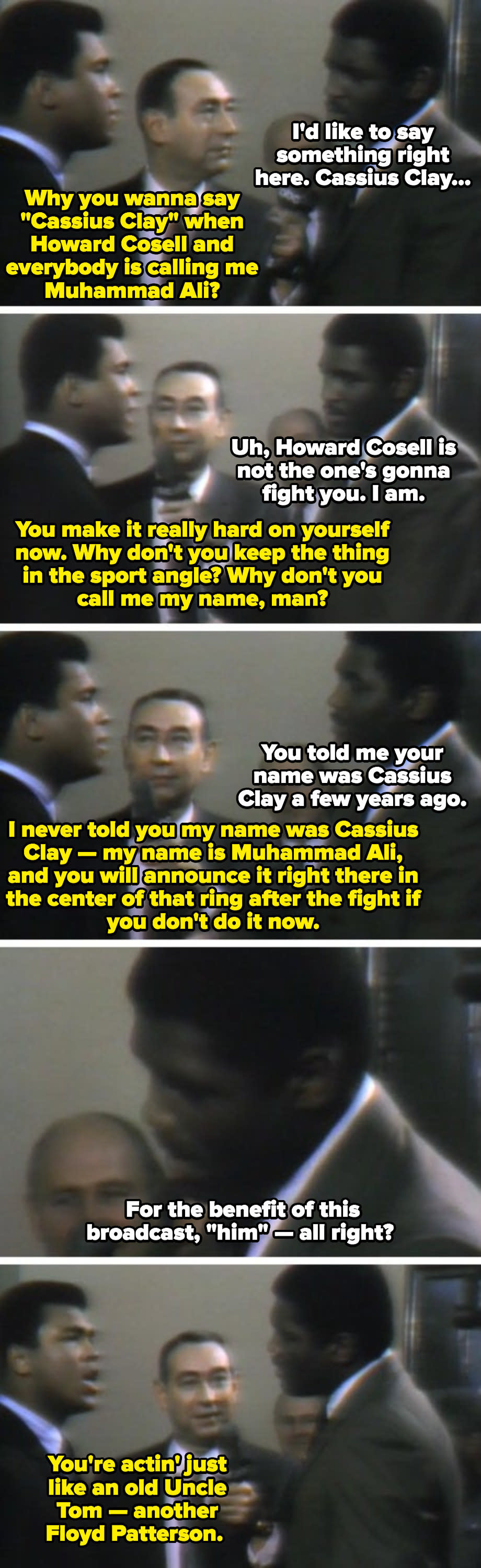 Muhammad Ali and Ernie Terrell having an argument during a TV broadcasting about Ali's name, and why Terrell refused to call him by it