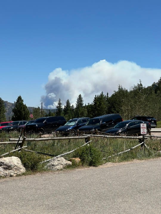 The Alexander Mountain Fire burning in Larimer County, seen from Lily Lake on July 29, 2024.