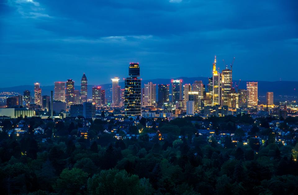 A photo of Frankfurt, Germany's skyline just after sunset.