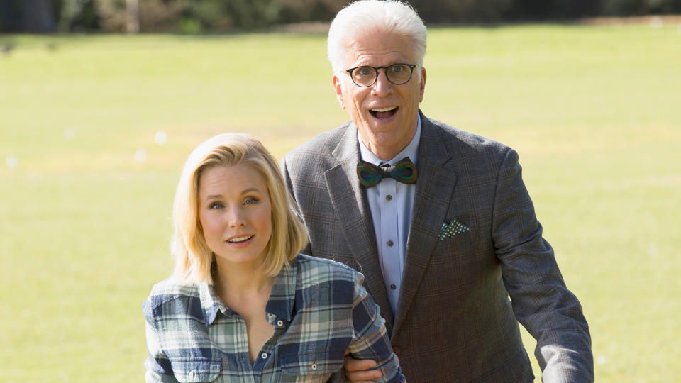 (L, R) Kristen Bell as Eleanor and Ted Danson as Michael in The Good Place