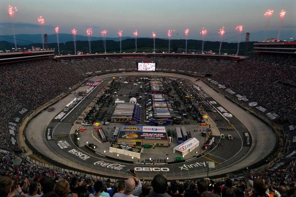 Fireworks go off during ceremonies before a NASCAR Cup Series auto race at Bristol Motor Speedway Saturday, Sept. 17, 2022, in Bristol, Tenn. (AP Photo/Mark Humphrey)