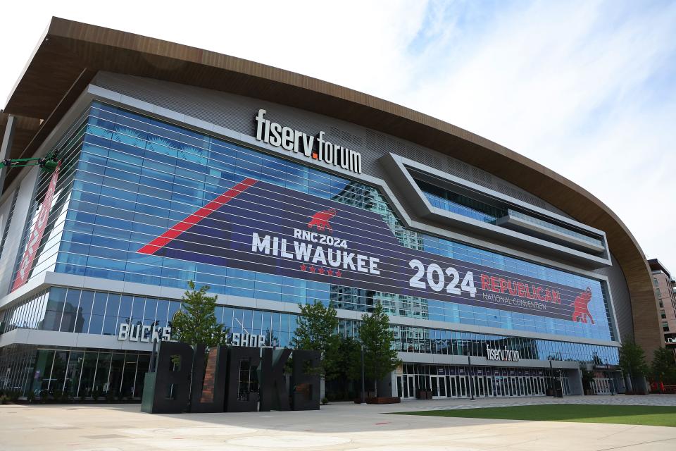 General view of the Fiserv Forum as workers install signage for the Republican National Convention in Milwaukee, Wisconsin on June 27, 2024.