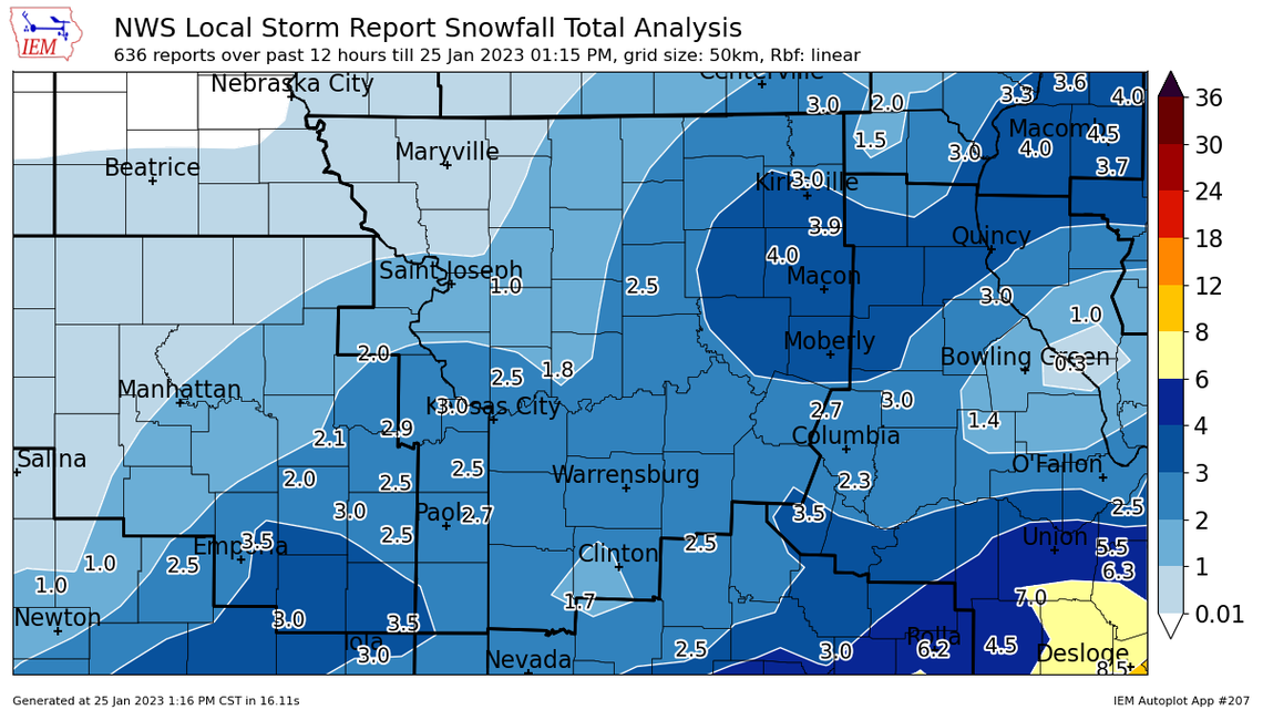 Roughly one to three inches of snow fell in the Kansas City area from a winter storm that cut across Missouri overnight, according to the National Weather Service. This snowfall totals map shows how much snow fell across the area.