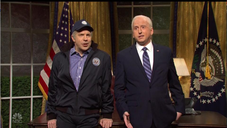 Former Joe Biden (Jason Sudeikis) meets current Joe Biden (James Austin Johnson) on Saturday Night Live (Photo: NBC/Twitter)