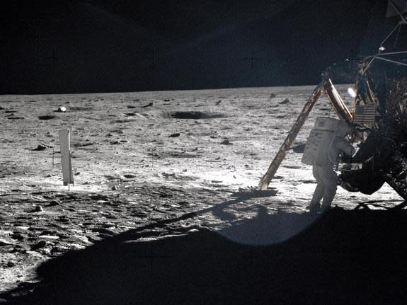 Apollo 11 astronauts trained on Earth to take individual photographs in succession in order to create a series of frames that could be assembled into panoramic images. This frame from Aldrin's panorama of the Apollo 11 landing site is the only