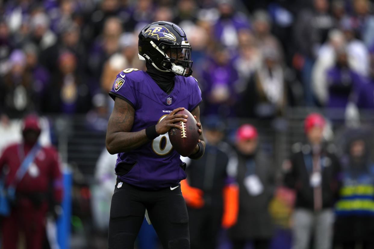 Baltimore Ravens' Lamar Jackson plays during the AFC Championship NFL football game, Sunday, Jan. 28, 2024, in Baltimore. (AP Photo/Matt Slocum)