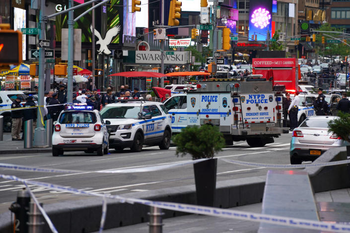 Police officers respond to the scene of a shooting in Times Square on May 8, 2021, in New York. (David Dee Delgado / Getty Images)