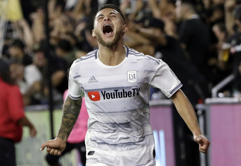 Los Angeles FC's Joshua Perez celebrates his goal against the San Jose Earthquakes during the second half of an MLS soccer match Wednesday, Aug. 21, 2019, in Los Angeles. (AP Photo/Marcio Jose Sanchez)