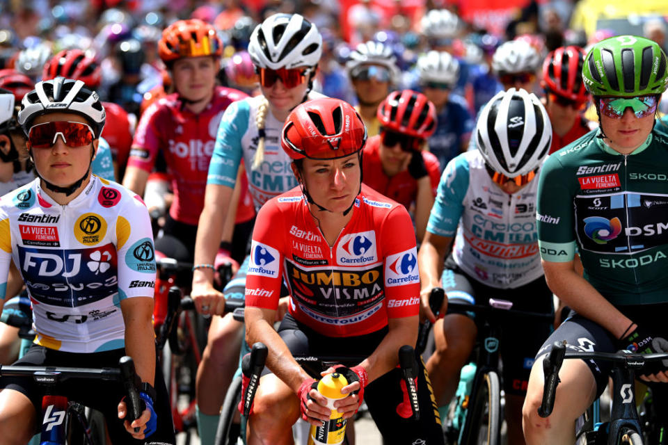 ELCHE DE LA SIERRA SPAIN  MAY 03 LR Jade Wiel of France and Team FDJSuez  Polka Dot Mountain Jersey Marianne Vos of The Netherlands and Team JumboVisma  Red Leader Jersey and Charlotte Kool of The Netherlands and Team DSM  Green points jersey prior to the 9th La Vuelta Femenina 2023 Stage 3 a 1578km stage from Elche de la Sierra to La Roda  UCIWWT  on May 03 2023 in Elche de la Sierra Spain Photo by Dario BelingheriGetty Images